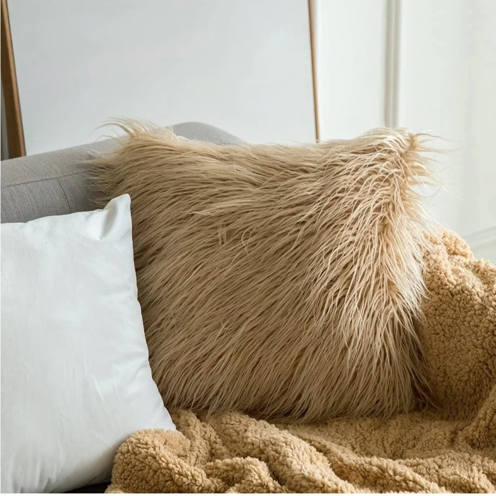 Luxury Home | Chic Sand Beige Oversized Luxe Faux Fur Throw Pillow Cover